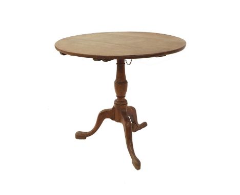 Georgian oak tripod tea table on baluster turned column, 32" diameter