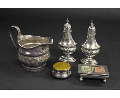 Mixed lot of bijouterie silver to include guilloche enamel lidded trinket box, silver stamp box, Victorian cream jug and pair