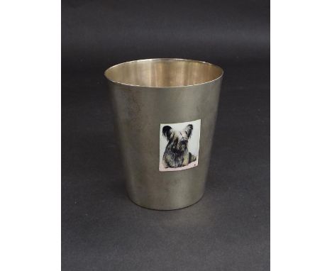 White metal beaker applied with an enamel of a dog, marked Sterling to base, 3.5" high, 4oz approx