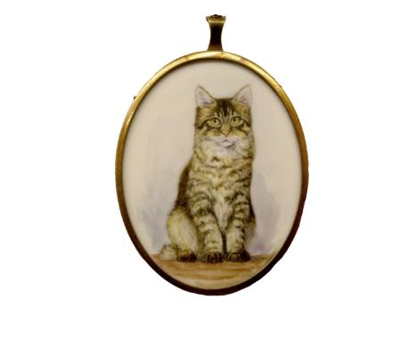 Early 20th Century School - Portrait of a seated cat, oval pendant, 3" x 2.25"