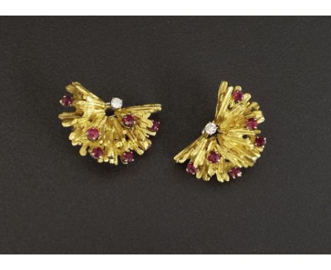 Pair of 18k yellow gold ruby and diamond set ear clips, 13.7gm, 23mm x 15mm