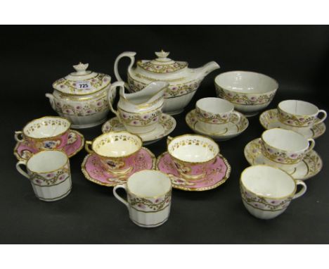 Coalport late 18th century porcelain part tea/coffee service, with vertical flutes decorated with pink flowerheads and gilded