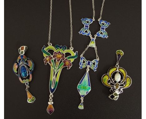 Four Art Nouveau style silver and enamel pendants (4)