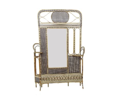 Unusual French bamboo and wicker hallstand/bistro fitting centrally fitted with a bevelled mirror plate flanked by two shelve