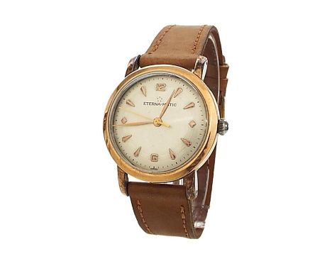 Eterna-Matic gold plated and stainless steel gentleman's wristwatch, circular silvered dial with Arabic twelve and six, baton
