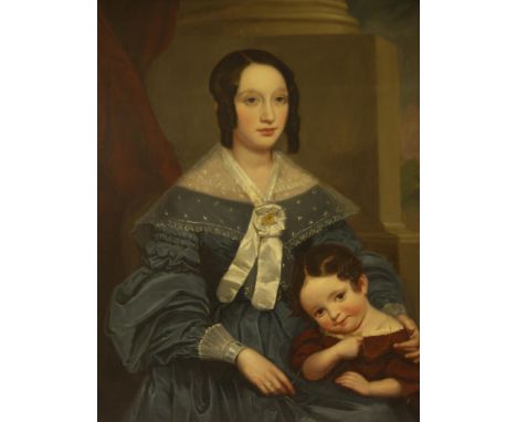 English School (19th century) - Portrait of a lady wearing a blue dress with her child, oil on canvas, 36" x 28"