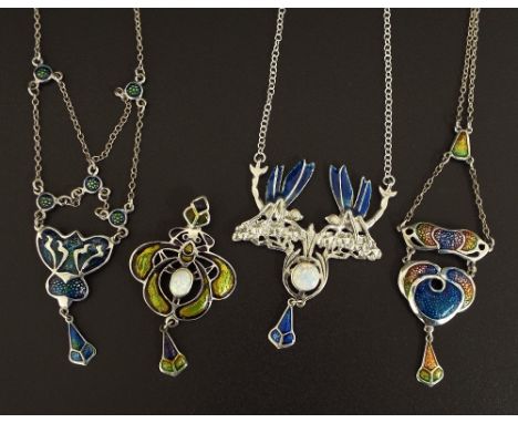Four Art Nouveau style silver and enamel pendants (4)