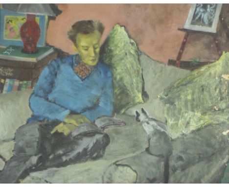 Follower of Duncan Grant (20th/21st century) - Young man reclining on a sofa, wearing a blue sweater with a Siamese cat nearb