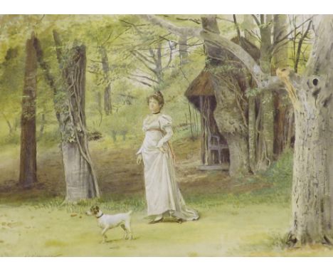 George Goodwin Kilburne RI., ROI., RMS (1839-1924) - 'Thro the Wood the Young Girl beside Trees, a Jack Russell Terrier in th