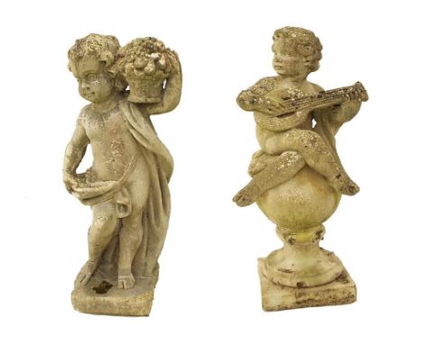 Two similar reconstituted stone cherubs, one carrying flowers, the other playing a mandolin, the largest 40" high (2)