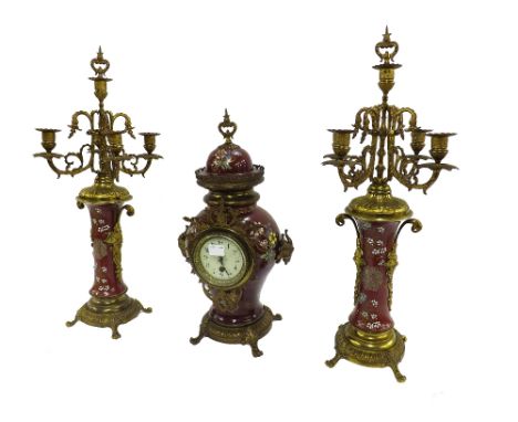 Pottery and gilt metal balloon mantel clock garniture timepiece, the 3.5" cream dial within a baluster vase shaped case paint