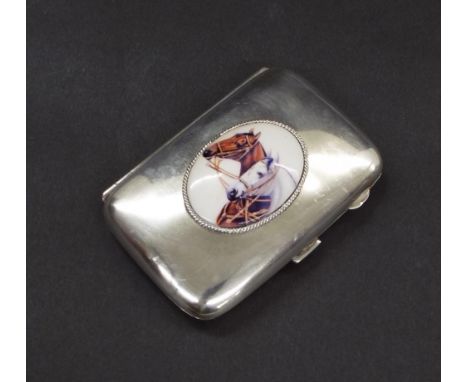 Early 20th century silver cigarette case applied with a later enamel of two horses, Birmingham 1919, 3.5" long, 2.5oz approx 