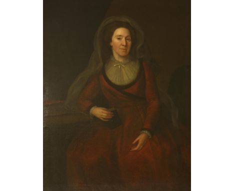 Follower of John Riley (18th century) - Portrait of a lady, seated three-quarter length, wearing a red dress with lace trim, 