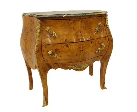 Attractive French style marble top bombe commode chest, fitted with two deep drawers and ormolu mounts, 32" high x 33" wide (