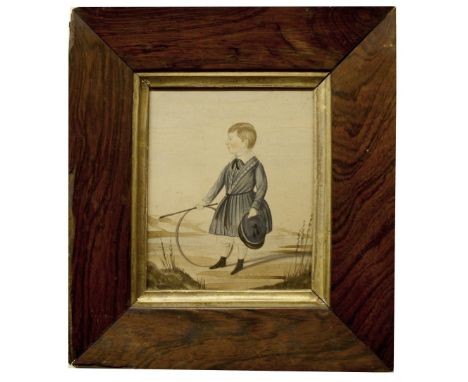 English School - Portrait study of a standing boy with a hoop and stick game, watercolour, 5.25" x 4.25", rosewood frame