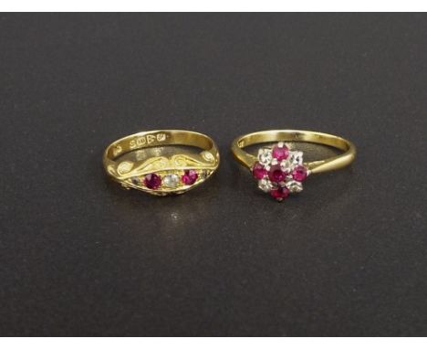 18ct ruby and diamond ring, Chester 1915; together with an 18ct ruby and diamond cluster ring, 4.2gm (2)