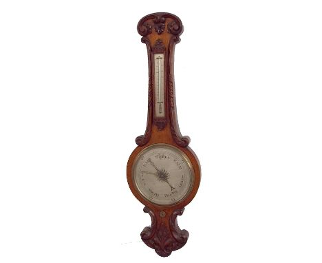 Large oak two glass banjo barometer, the 10" silvered dial within a moulded carved foliate case, 41" high