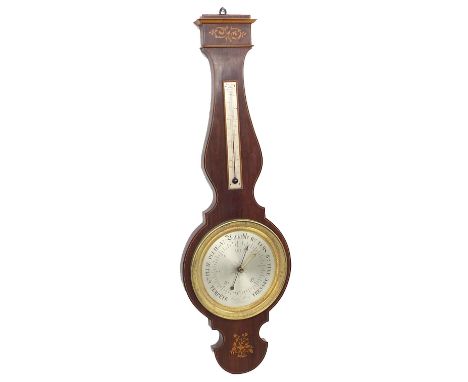 Rosewood inlaid banjo barometer, the 8" silvered dial within a gilt engraved surround inscribed Mayeur Brocq a Chalons, 38.5"