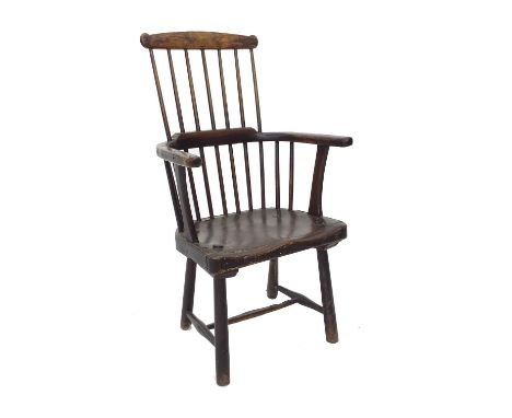 18th century comb back farmhouse elm seat chair of primitive construction, 38" high (at fault)