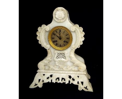 Alabaster two train mantel clock, the movement back plate signed Elie, a Paris with outside countwheel striking on a bell, th