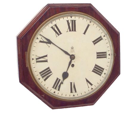 G.P.O. mahogany single fusee 12" wall dial clock inscribed with the royal cypher and G.P.O., within an octagonal turned surro