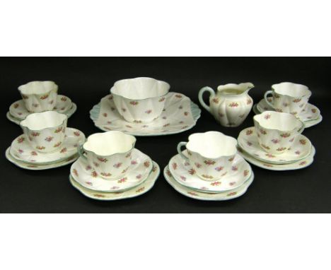 Attractive Shelley 'Rosebud' part tea service, comprising six cups and saucers, six small plates, sandwich plate, milk jug an
