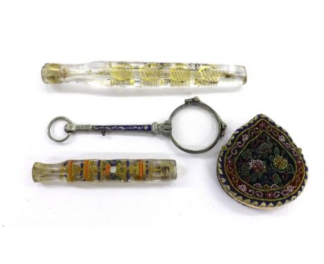 Pair of white metal and enamel lorgnettes fitted within a Victorian beadwork pouch, 5.5" long; together with a pair of Georgi