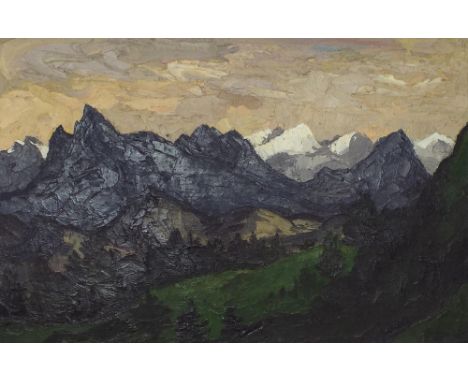 Sir Kyffin Williams KBE., RA (1918-2006) - Patagonian landscape with trees and a field in the foreground, mountains beyond, s