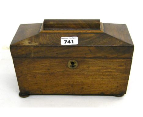 Antique walnut sarcophagus tea caddy, the hinge lid enclosing a fitted interior, upon bun feet with key, 9" wide x 7 "high