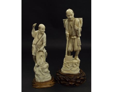 Two similar Japanese carved ivory okimono figures, each of standing gentlemen, one holding a axe, the other a basket of produ