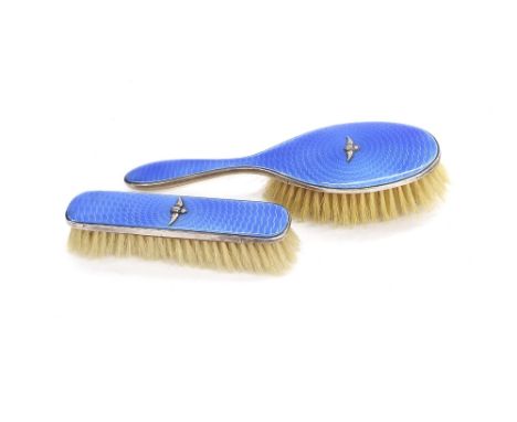 Good pair of silver and guilloche enamel dressing brushes each fitted with an RAF emblem, maker Gieves Ltd, Birmingham 1905 a
