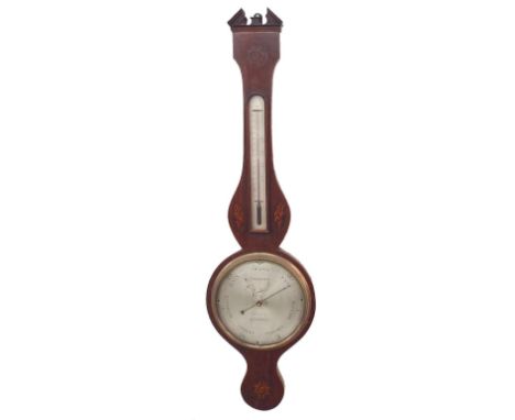 Mahogany inlaid two glass banjo barometer, the 8" circular silvered dial signed Tagliabue, 26 Holborn, London, the case inlai