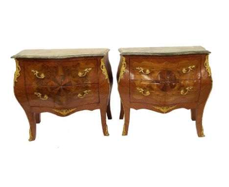 Pair of French style kingwood and burr marble top bombe commode chests, fitted with two deep drawers and ormolu mounts, 32" h