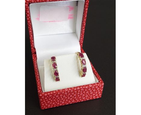 Pair of ruby and diamond 9ct yellow gold hoop earrings, 3gm; boxed