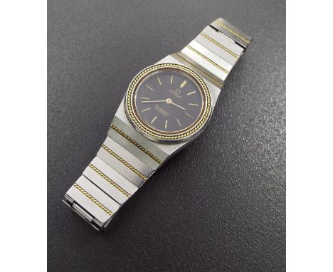 (3XWYFV) Omega Constellation stainless steel and yellow gold push button lady's bracelet watch, ref. 795.0803, black dial wit