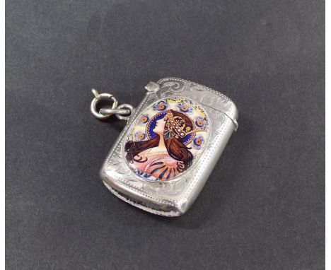 Late Victorian silver vesta case etched with scrolled acanthus, later applied with an oval enamel of a Bohemian female, Birmi