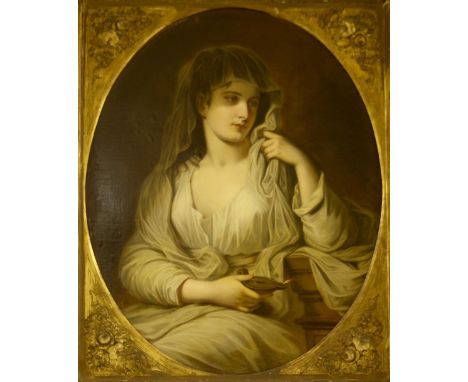 Continental School (19th century) - Figure of a lady, half length, wearing cream dress and shawl, holding an oil lamp, oil on