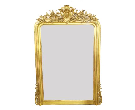 Good Victorian giltwood and gesso arch top overmantel mirror, with applied pierced foliate and scroll mouldings, 65" high x 4