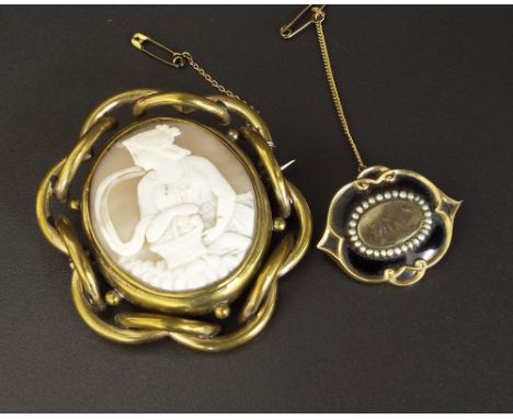Victorian gold, black enamel and seed pearl mourning brooch, with a safety chain, 10.6gm, 37mm (at fault); together with a gi
