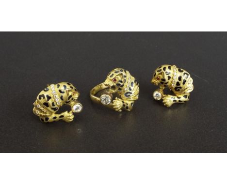 18ct diamond and enamel leopard design ring with matching earrings, with ruby set eyes and old cut diamonds, ring size O, the