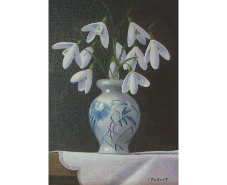 Ian Parker (b. 1955) - Snowdrops in a blue and white vase, signed, also bearing a gallery label verso, oil on canvas board, 7