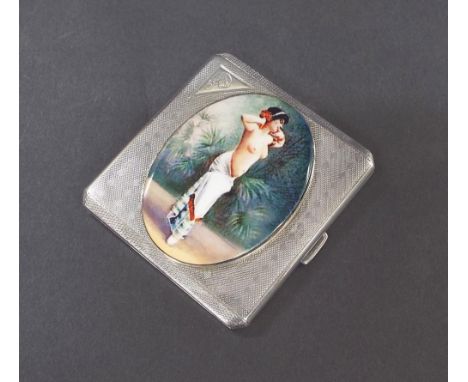 1920s silver engine turned cigarette case applied with a later enamel of a standing nude, Birmingham 1924, 3.25" long, 4.5oz 