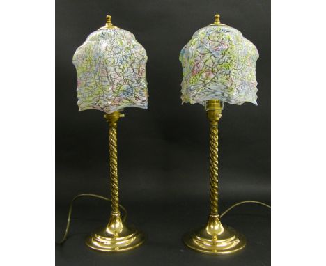 Pair of barley twist stick table lamps with mottled glass shades, 19" high (2)