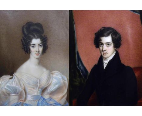 Early 19th Century English School - Portrait miniature of an elegantly dressed lady,portrait miniature of a young seated gent