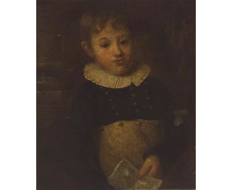 Circle of Alfred Edward Chalon (1780-1860) - Portrait of a young choir boy, half length wearing period costume, holding a she