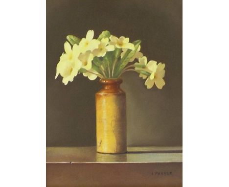 Ian Parker (b. 1955) - Primroses in a brown vase, signed, also bearing a gallery label verso, oil on canvas board, 8.5" x 6.5