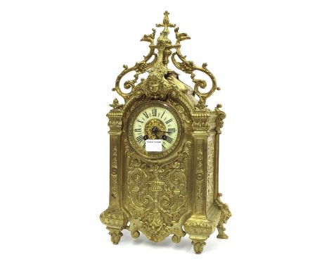 Brass two train mantel clock, the S. Marti movement striking on a bell, the 3.5" dial within an ornate Classical style case, 