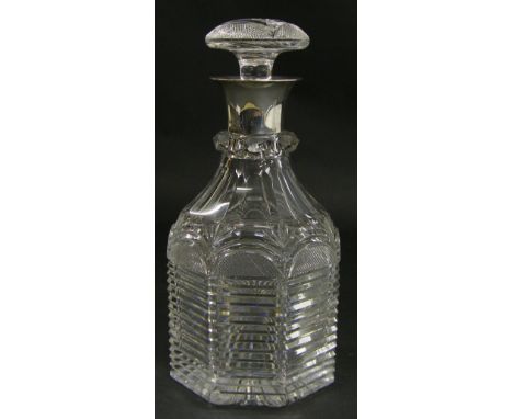 Good Art Deco cut glass silver collared decanter with faceted neck and ribbed banding with hobnail cut arch panels and origin