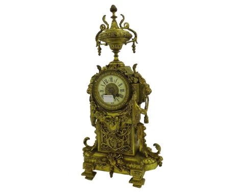 French gilt metal two train pedestal mantel clock, the movement with outside countwheel striking on a bell, the 3.5" cream ch