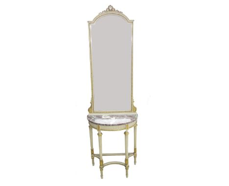 Neo-classical style mirror back marble top console table, the raised mirror back with egg and dart borders mounted by a tied 